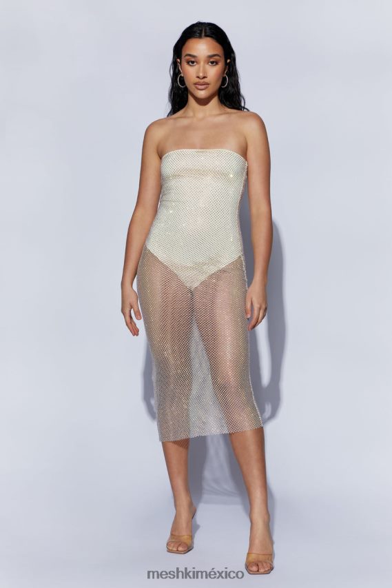 Meshki vestido midi de malla con strass nima crema ropa H48F8H492