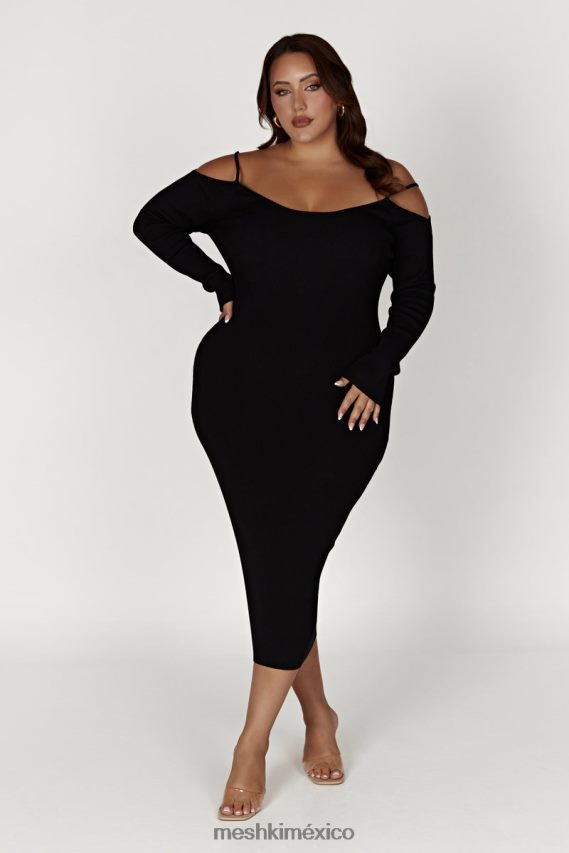 Meshki vestido midi de punto con hombros descubiertos negro ropa H48F8H228