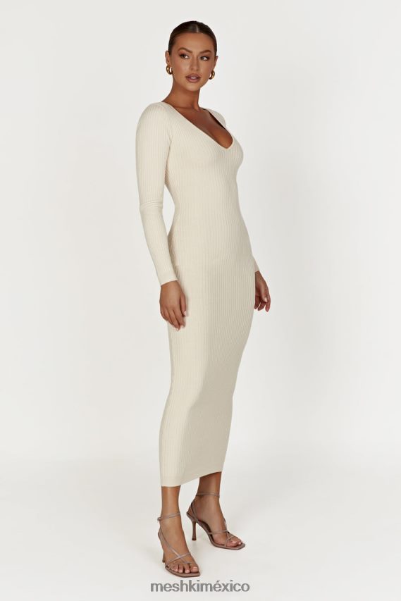 Meshki vestido midi de punto de manga larga nina crema ropa H48F8H456