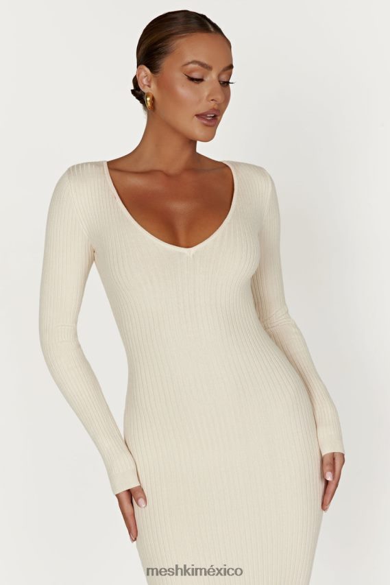 Meshki vestido midi de punto de manga larga nina crema ropa H48F8H456