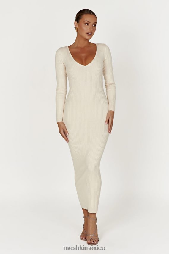 Meshki vestido midi de punto de manga larga nina crema ropa H48F8H456