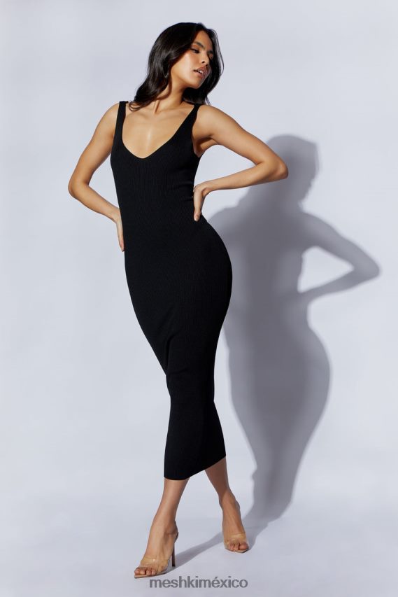 Meshki vestido midi jodie con cuello en v negro ropa H48F8H375