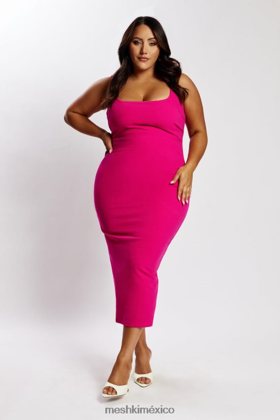Meshki vestido midi maria de crepé con cuello cuadrado fucsia ropa H48F8H537