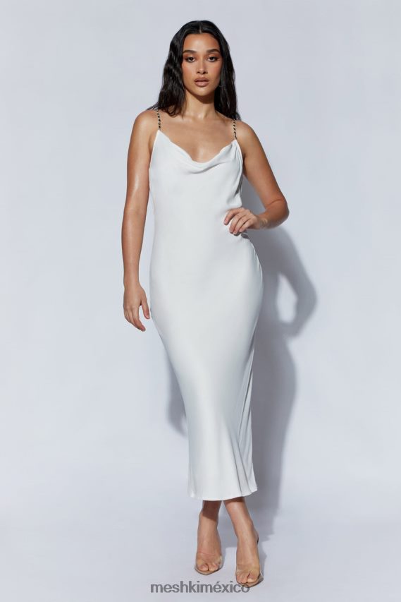 Meshki vestido midi rasta con cuello desbocado y tirantes de strass blanco ropa H48F8H534