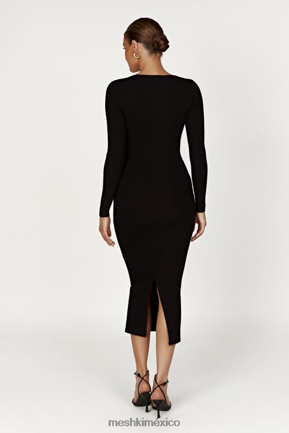 Meshki vestido midi sierra de manga larga con cuello redondo negro ropa H48F8H311