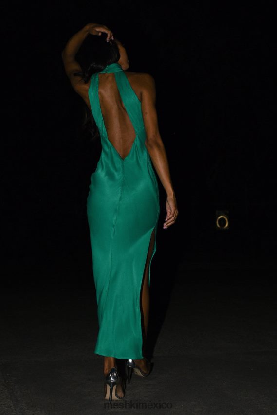 Meshki Claire Satin Drape Back Maxi Dress with Split Green Clothing H48F8H37