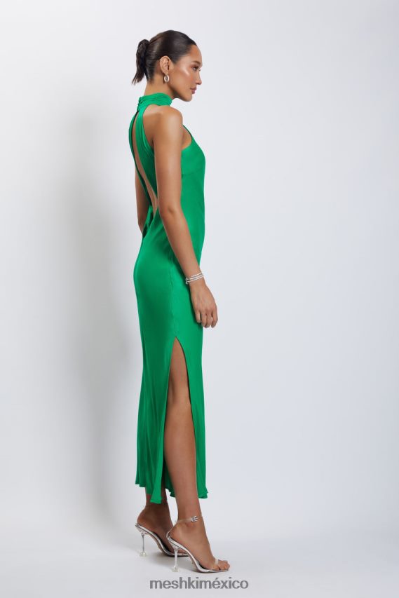 Meshki Claire Satin Drape Back Maxi Dress with Split Green Clothing H48F8H37