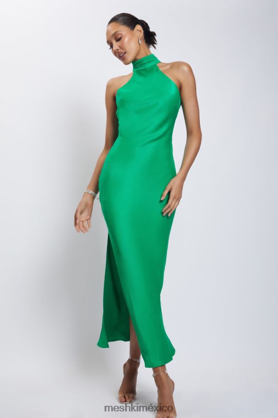 Meshki Claire Satin Drape Back Maxi Dress with Split Green Clothing H48F8H37