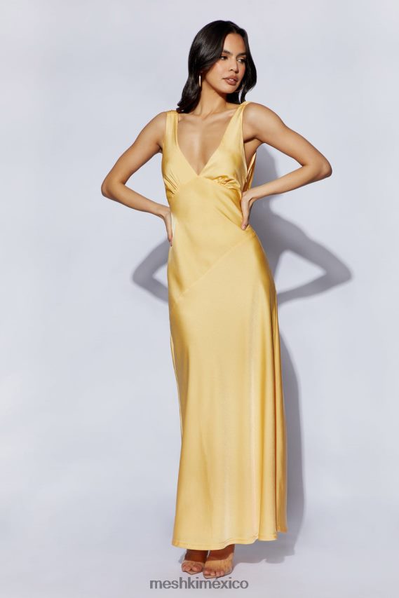Meshki Nadia Maxi Satin Dress With Back Cowl Lemon Clothing H48F8H11