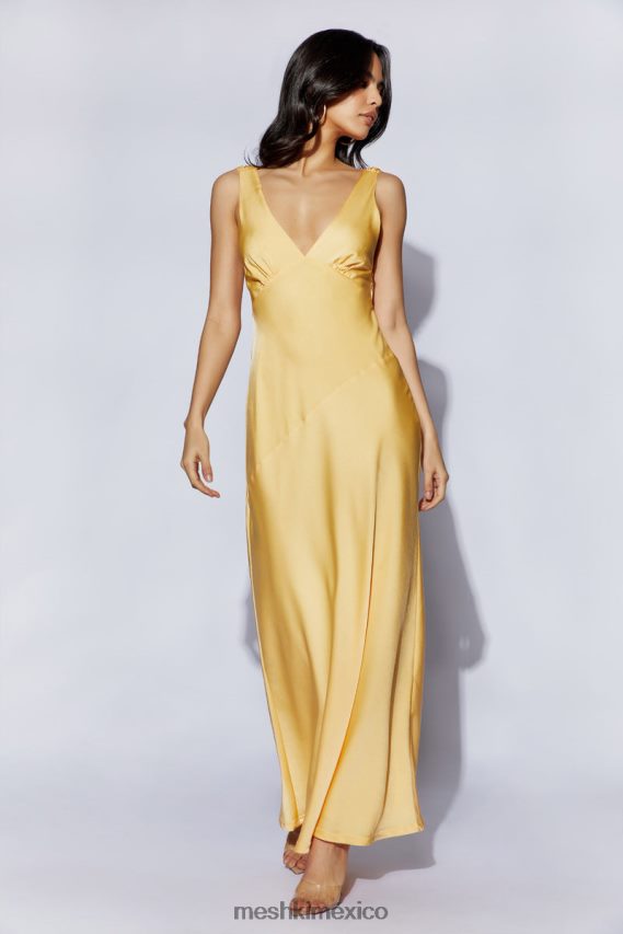 Meshki Nadia Maxi Satin Dress With Back Cowl Lemon Clothing H48F8H11