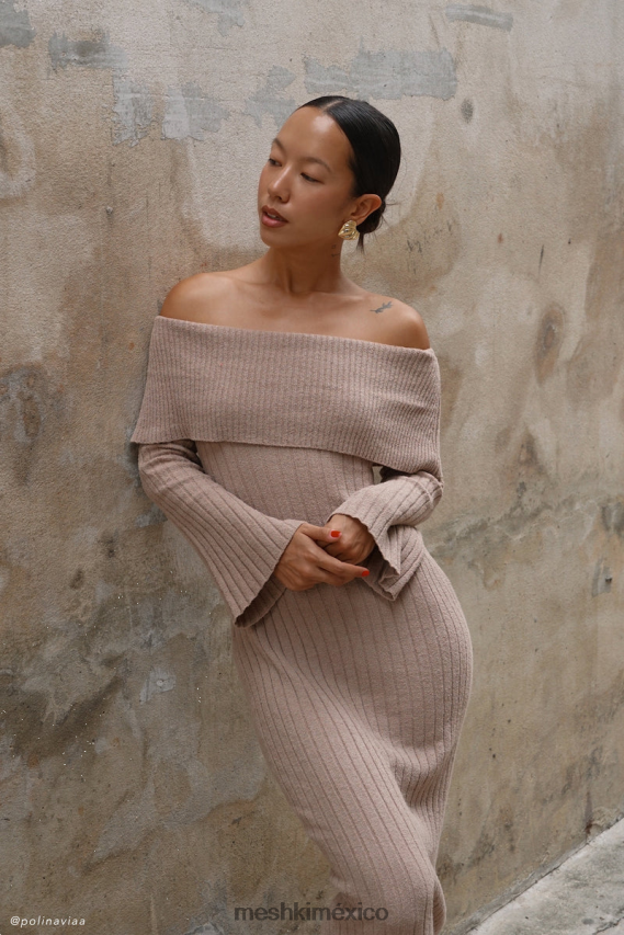 Meshki Stefania Off Shoulder Knit Dress Taupe Clothing H48F8H88
