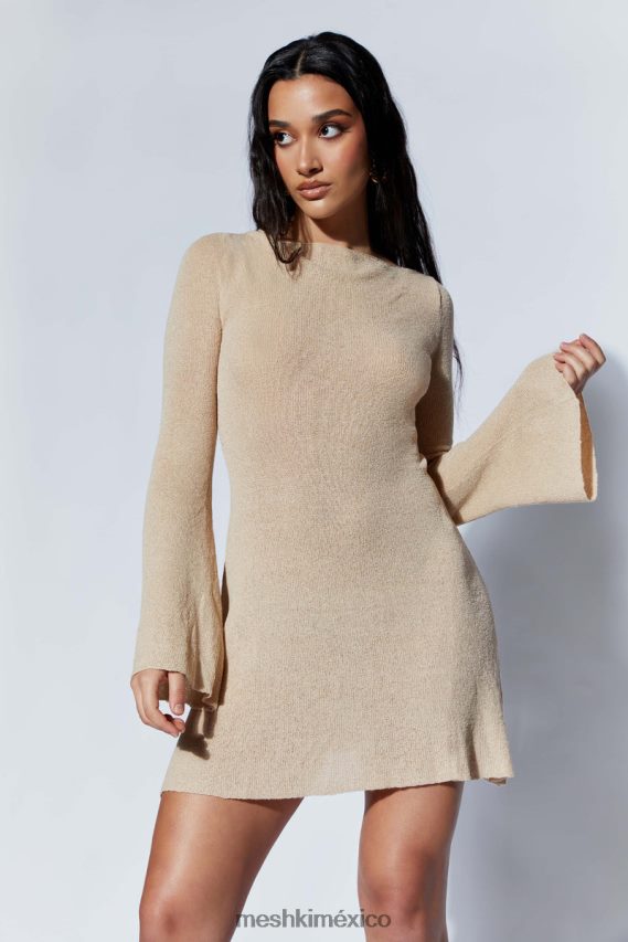 Meshki Zahra Long Sleeve Open Back Mini Knit Dress Wheat Clothing H48F8H106