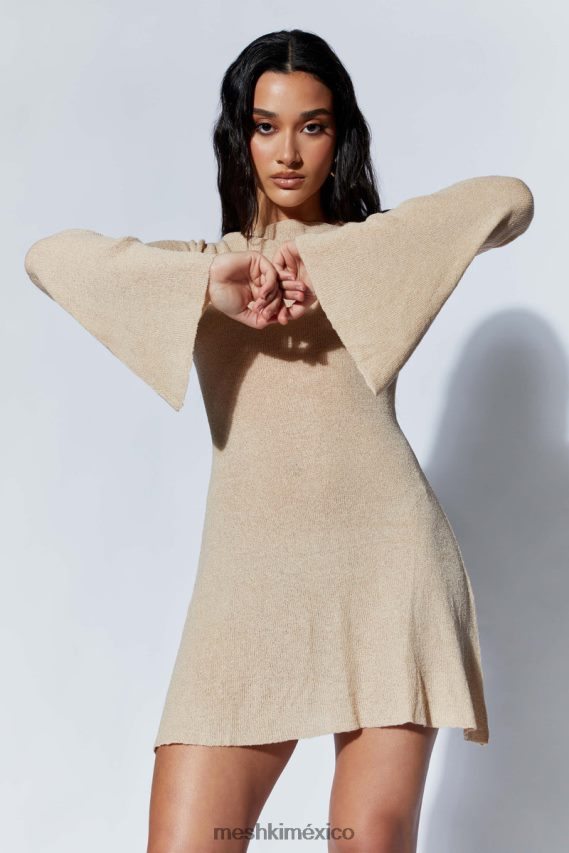 Meshki Zahra Long Sleeve Open Back Mini Knit Dress Wheat Clothing H48F8H106