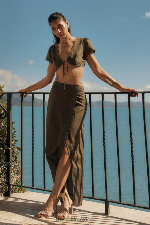 Meshki falda larga cruzada de lino fatima caqui ropa H48F8H1230