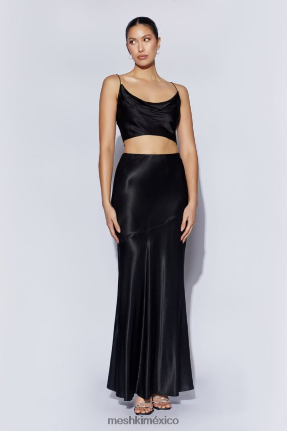 Meshki falda larga de satén con estampado de amapolas negro ropa H48F8H1527