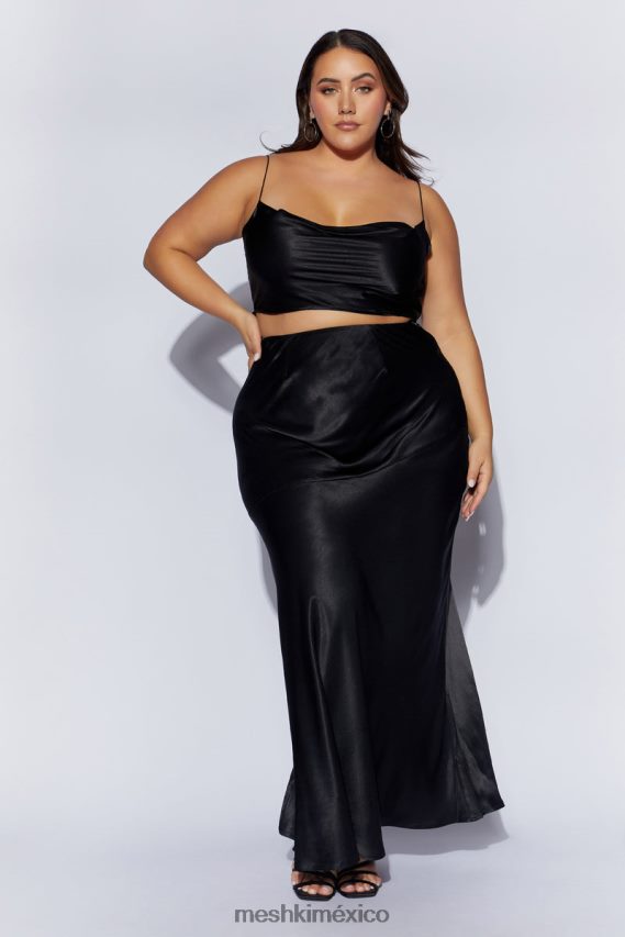 Meshki falda larga de satén con estampado de amapolas negro ropa H48F8H1527