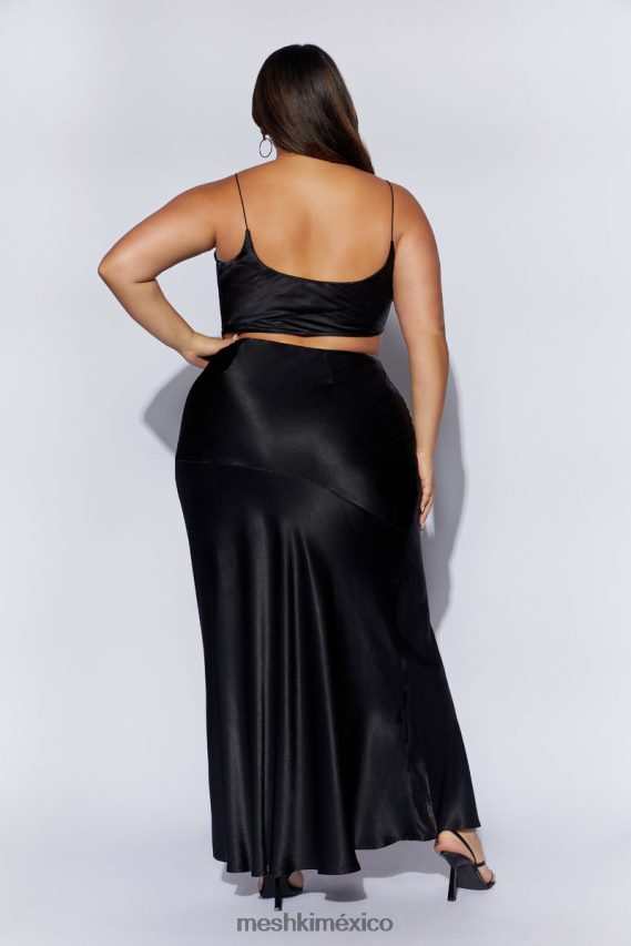 Meshki falda larga de satén con estampado de amapolas negro ropa H48F8H1527