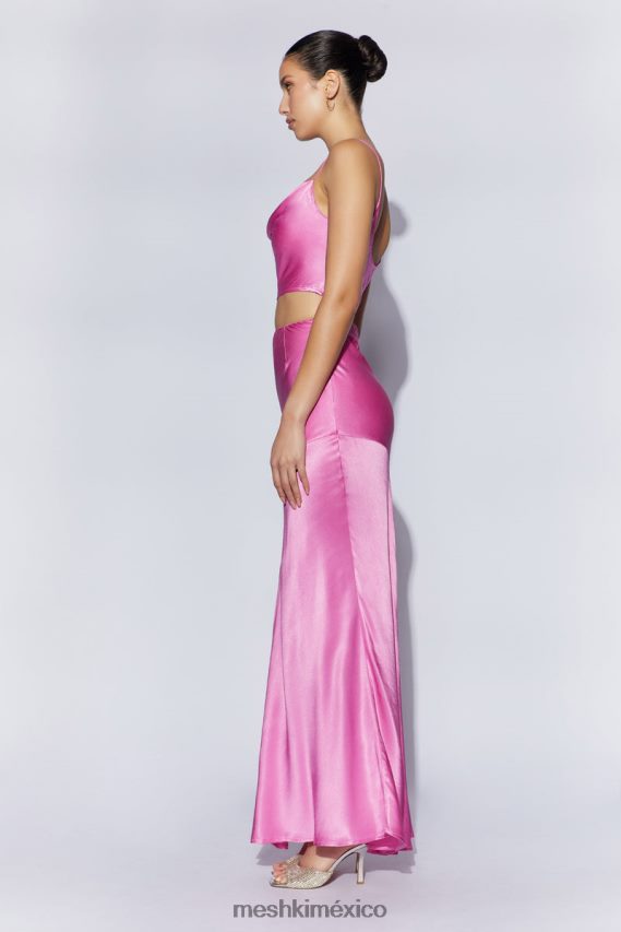 Meshki falda larga de satén con estampado de amapolas rosa ropa H48F8H1523