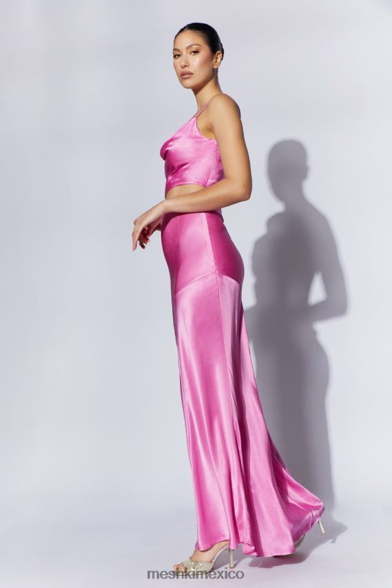 Meshki falda larga de satén con estampado de amapolas rosa ropa H48F8H1523