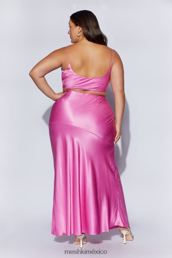 Meshki falda larga de satén con estampado de amapolas rosa ropa H48F8H1523