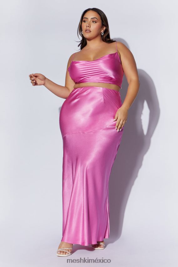 Meshki falda larga de satén con estampado de amapolas rosa ropa H48F8H1523