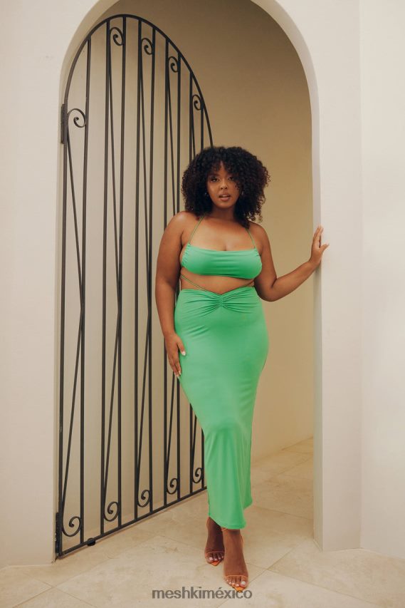 Meshki falda larga fruncida color ámbar verde ropa H48F8H1573