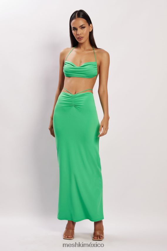 Meshki falda larga fruncida color ámbar verde ropa H48F8H1573