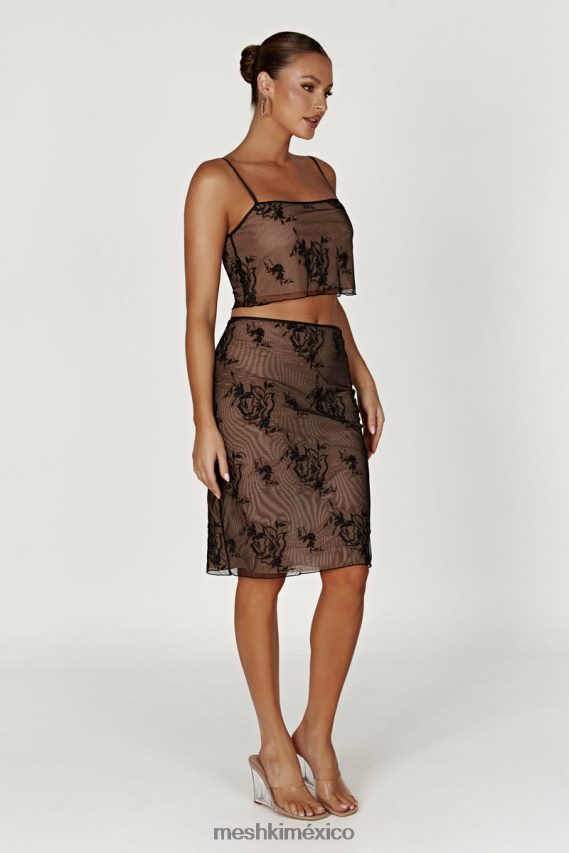 Meshki falda midi de malla con bordado xena negro ropa H48F8H1368