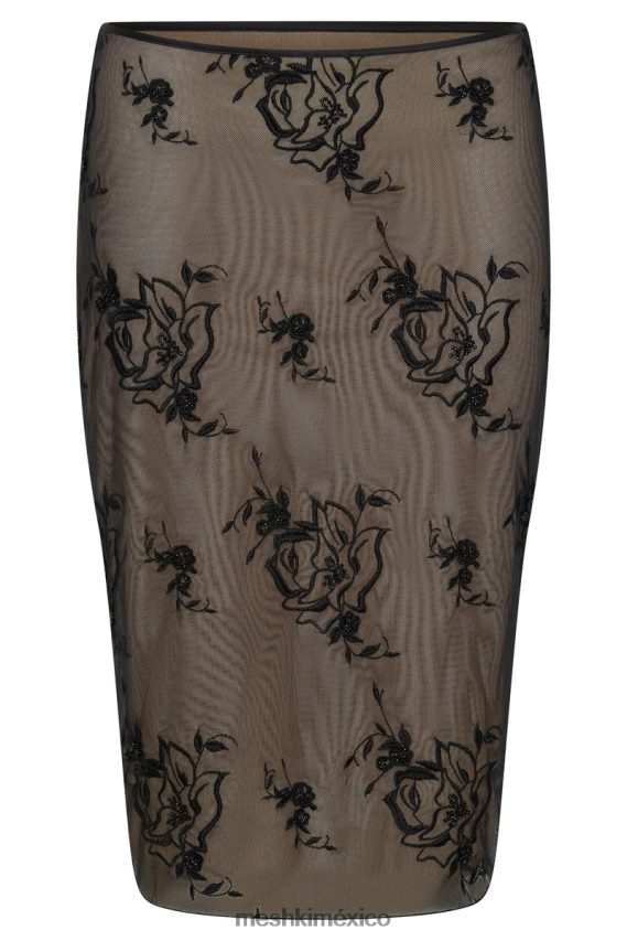 Meshki falda midi de malla con bordado xena negro ropa H48F8H1368