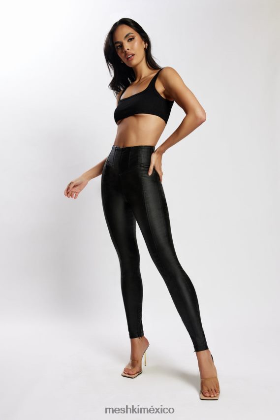 Meshki pantalones de talle alto con corsé de polipiel zima negro ropa H48F8H1292