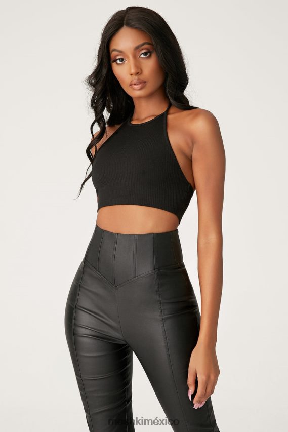 Meshki pantalones de talle alto con corsé de polipiel zima negro ropa H48F8H1292