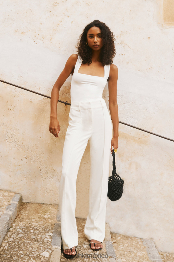 Meshki pantalones de traje lisa de talle alto Marfil ropa H48F8H1274