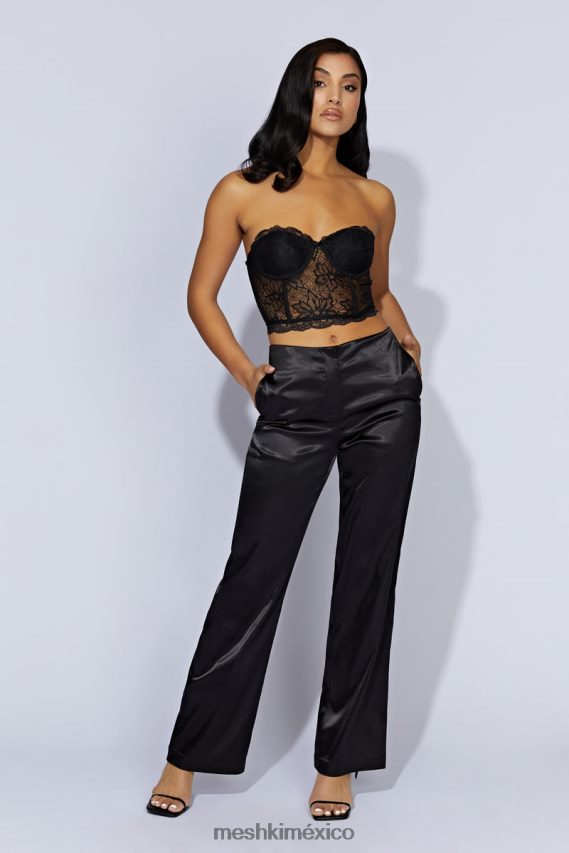 Meshki pantalones nicolette de satén de talle bajo negro ropa H48F8H1593