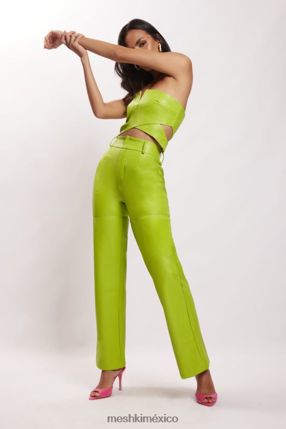 Meshki pantalones sima de piel sintética con cintura alta verde lima ropa H48F8H1601