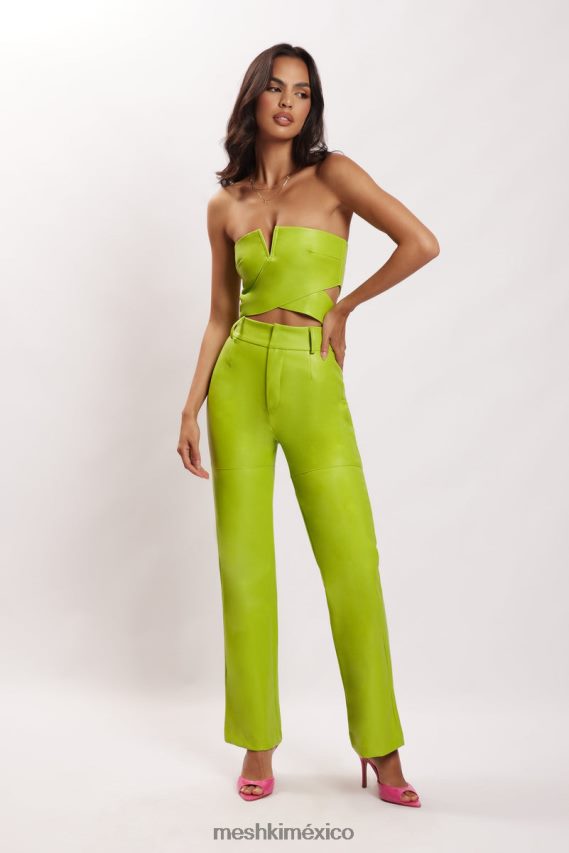 Meshki pantalones sima de piel sintética con cintura alta verde lima ropa H48F8H1601