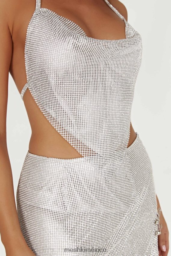 Meshki Top halter con cuello desbocado y strass Daphne plata ropa H48F8H811