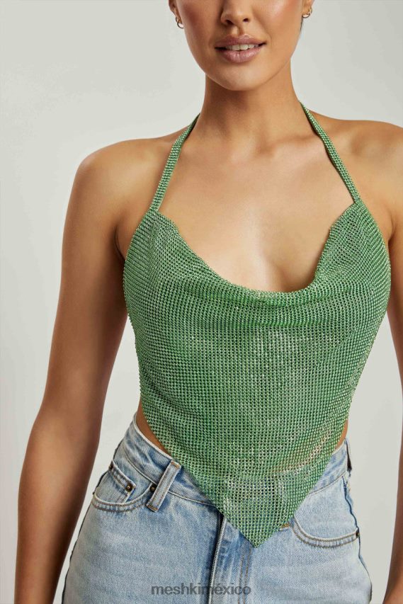 Meshki Top halter con cuello desbocado y strass Daphne verde ropa H48F8H926