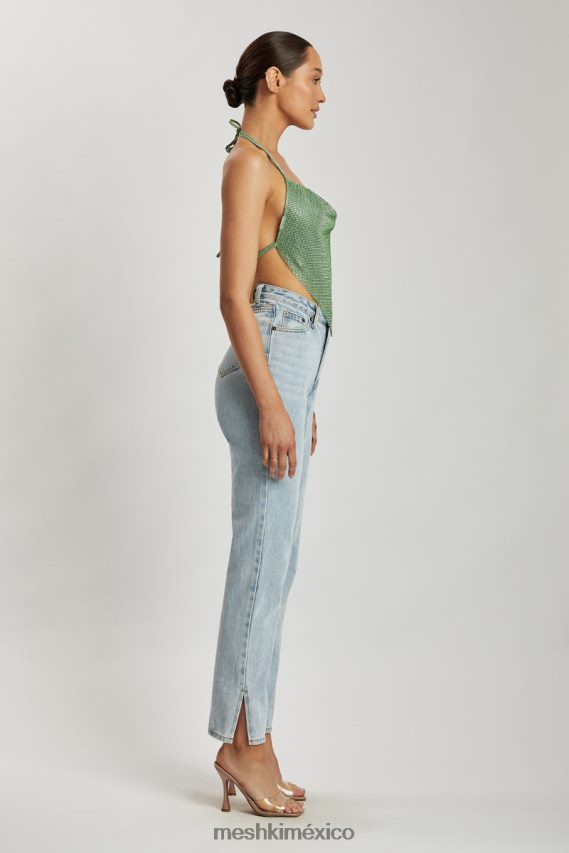 Meshki Top halter con cuello desbocado y strass Daphne verde ropa H48F8H926