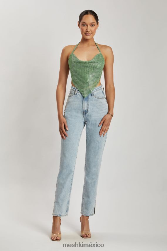 Meshki Top halter con cuello desbocado y strass Daphne verde ropa H48F8H926