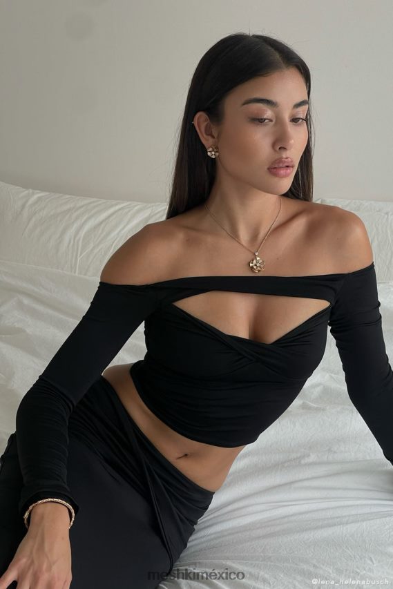 Meshki top ceri de manga larga con hombros descubiertos negro ropa H48F8H856