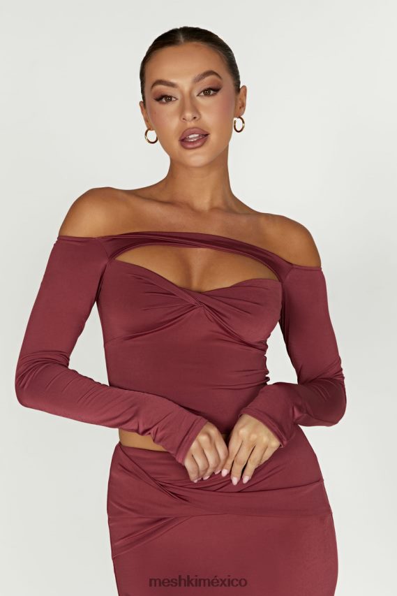 Meshki top ceri de manga larga con hombros descubiertos vino ropa H48F8H871