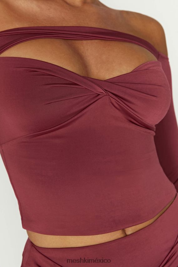 Meshki top ceri de manga larga con hombros descubiertos vino ropa H48F8H871