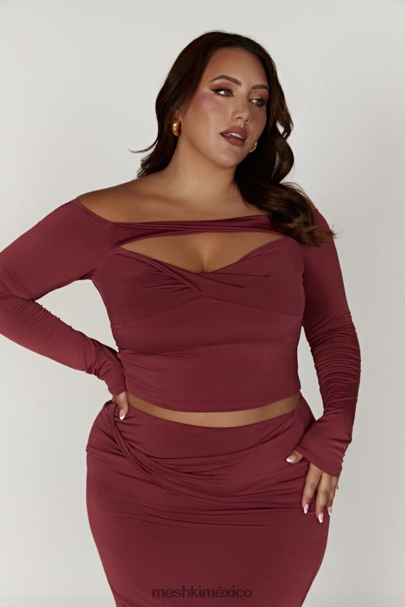 Meshki top ceri de manga larga con hombros descubiertos vino ropa H48F8H871
