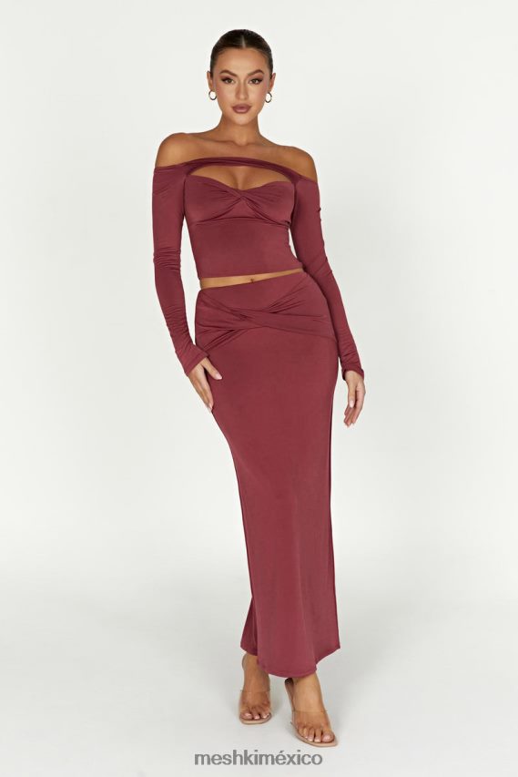 Meshki top ceri de manga larga con hombros descubiertos vino ropa H48F8H871