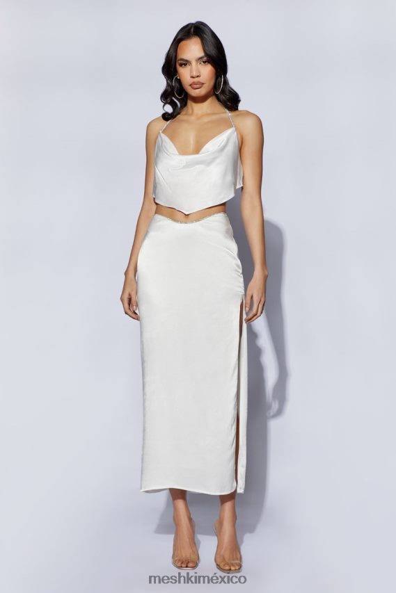 Meshki top con cuello desbocado y cuerda de christie diamante blanco ropa H48F8H1099