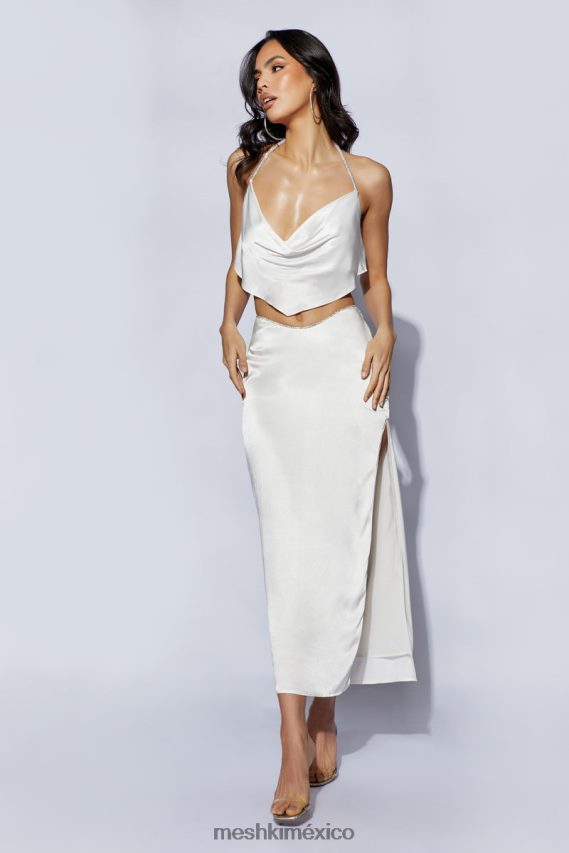 Meshki top con cuello desbocado y cuerda de christie diamante blanco ropa H48F8H1099