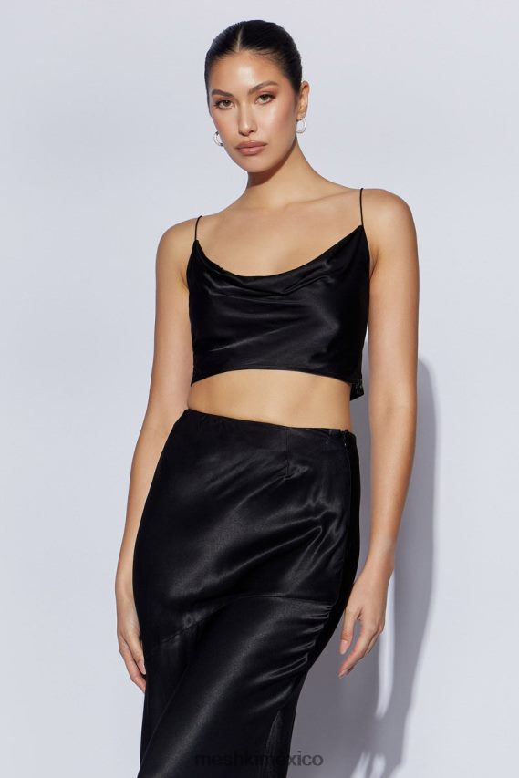 Meshki top con cuello vuelto y satén poppy negro ropa H48F8H1026