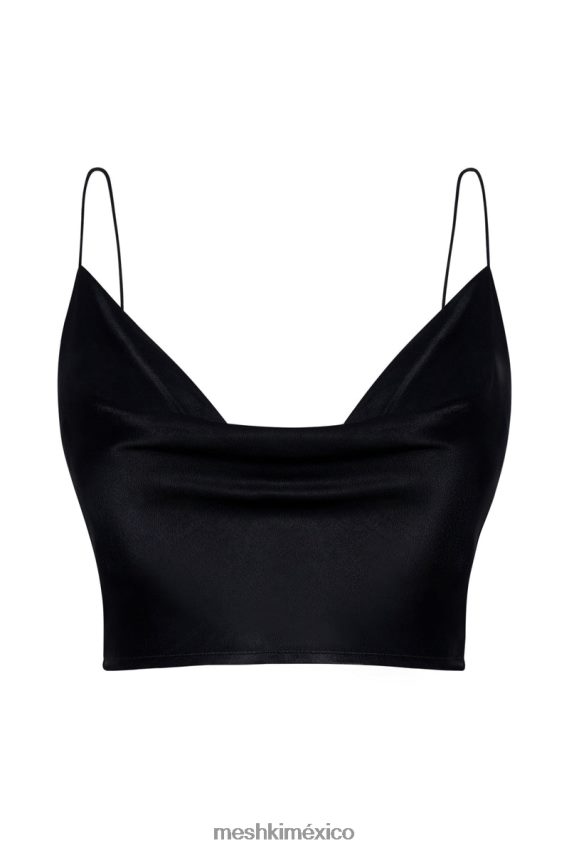 Meshki top con cuello vuelto y satén poppy negro ropa H48F8H1026