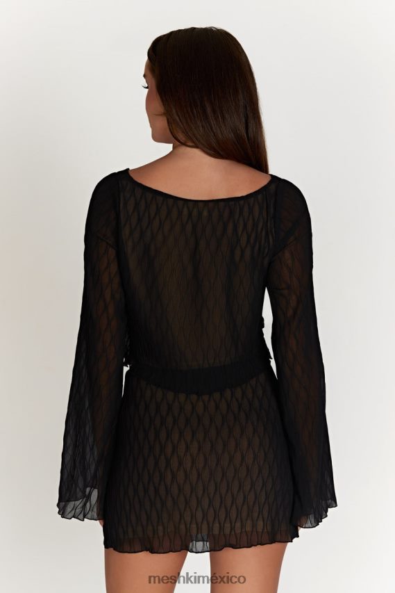 Meshki top con mangas acampanadas y pliegues Ivy Wave negro ropa H48F8H1074