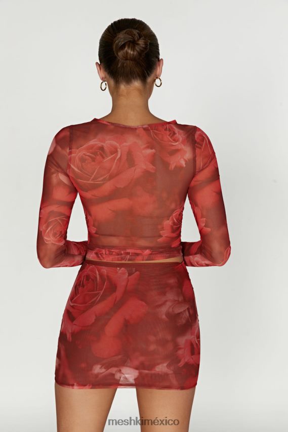 Meshki top de manga larga de malla blaine estampado de rosas de gran tamaño ropa H48F8H1018